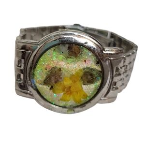 Silver Yellow Resin Floral Glitter Watch